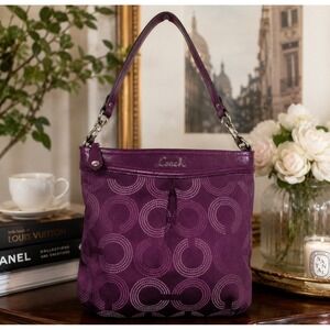 Coach Ashley Dotted Op Art Hippie Shoulder Bag Purple Signature Canvas Leather
